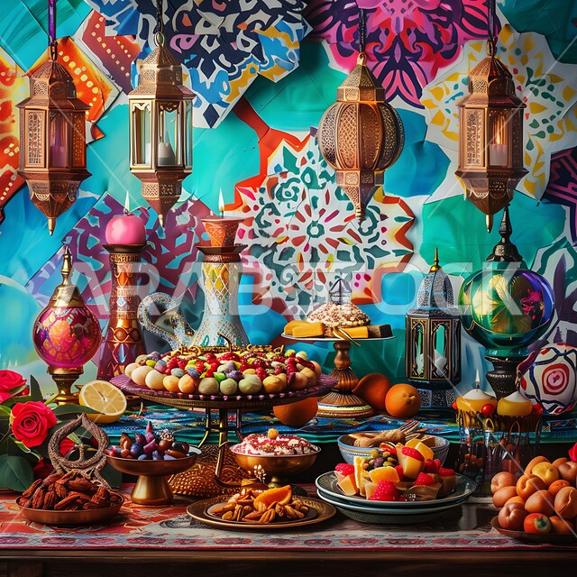 Enjoying the spiritual religious atmosphere, Islamic artifacts and traditional lamps to celebrate the arrival of the month of goodness, Ramadan hospitality, accessories and decorations next to plates of dates and dried fruits, decorated metal Arabic lanterns