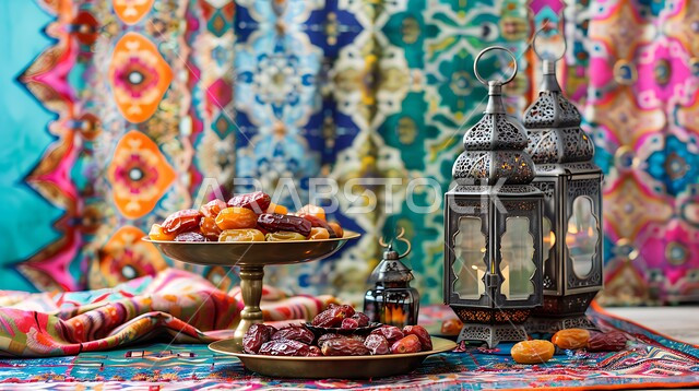 مائدة مليئة بأطباق التسالي المختلفة, الكرم وتقديم أشهى أنواع التمور والفواكه المجففة، مفهوم الضيافة العربية، حسن استقبال الضيوف والزوار، الاحتفال بالمناسبات الاسلامية، طاولة رمضانية مزينة بالفوانيس ، طقوس وزينة شهر رمضان المبارك