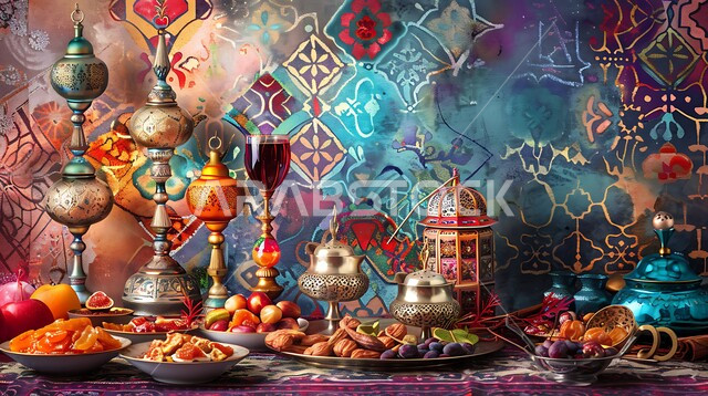 فوانيس عربية معدنية مزخرفة، ديكورات وأنوار في الأجواء الرمضانية الروحانية، تحف اسلامية ومصابيح تقليدية للاحتفال بقدوم شهر الخير، ضيافة شهر رمضان المبارك، التحف والاكسسوارات بجانب أطباق من التمر والفواكه المجففة