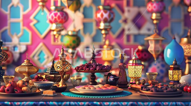 Enjoying the spiritual religious atmosphere, Islamic artifacts and traditional lamps to celebrate the arrival of the month of goodness, Ramadan hospitality, accessories and decorations next to plates of dates and dried fruits, decorated metal Arabic lanterns