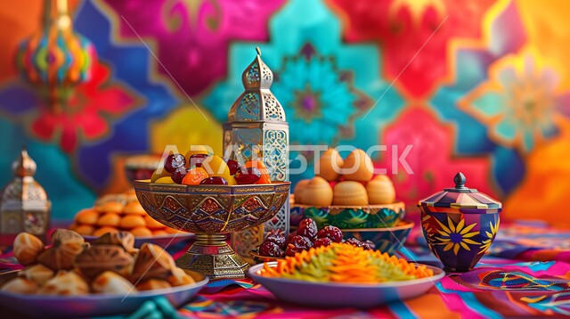 ضيافة شهر رمضان المبارك، التحف والاكسسوارات بجانب أطباق من التمر والفواكه المجففة، فوانيس عربية معدنية مزخرفة، ديكورات وأنوار في الأجواء الرمضانية الروحانية، تحف اسلامية ومصابيح تقليدية للاحتفال بقدوم شهر الخير
