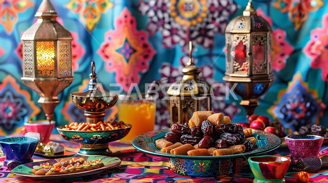 طاولة رمضانية مزينة بالفوانيس المضيئة, طقوس وزينة شهر رمضان المبارك, مائدة مليئة أطباق الطعام المختلفة, الكرم وتقديم أشهى أنواع التمور والحلويات، مفهوم الضيافة العربية، حسن استقبال الضيوف والزوار، الاحتفال بالمناسبات الاسلامية