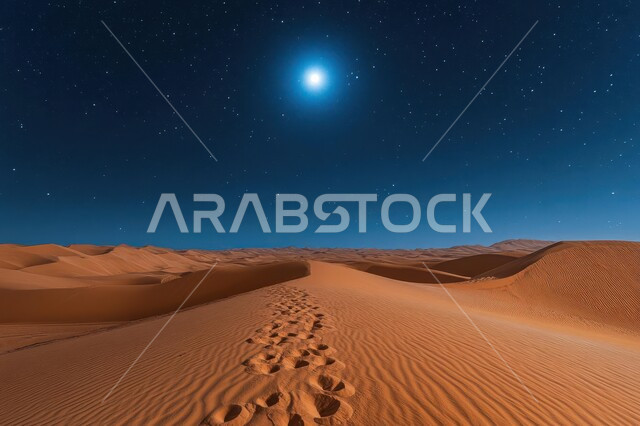 الرمال الذهبية الناعمة و التضاريس الصحراوية في المملكة العربية السعودية، آثار مسير أقدام على الكثبان الرملية، أماكن السياحة ورحلات السفاري والأنشطة الترفيهية، منظر القمر وسط السماء المليئة بالنجوم في الليل، خلفية الطبيعة