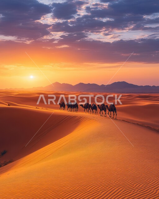 استخدام الإبل في التنقل في صحارى المملكة العربية السعودية، الرمال الذهبية الناعمة والتلال الرملية، محميات طبيعية للعناية بالنوق الأصيلة، مجموعة من الجمال تسير فوق الكثبان الرملية في الصحراء، منظر السماء المليئة بالسحب وقت غروب الشمس