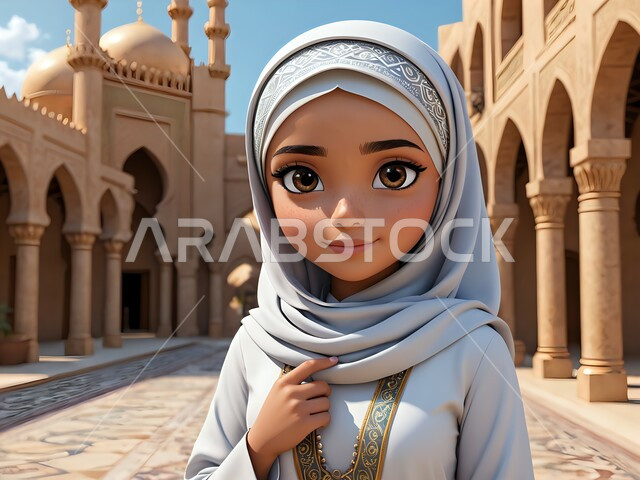 الأنوثة والنعومة والاهتمام بالمظهر الخارجي، حجابات نسائية عصريه حديثه، رسوم كرتونية ثلاثية الابعاد، فتاة عربية خليجية سعودية محجبة ترتدي العباءة البيضاء