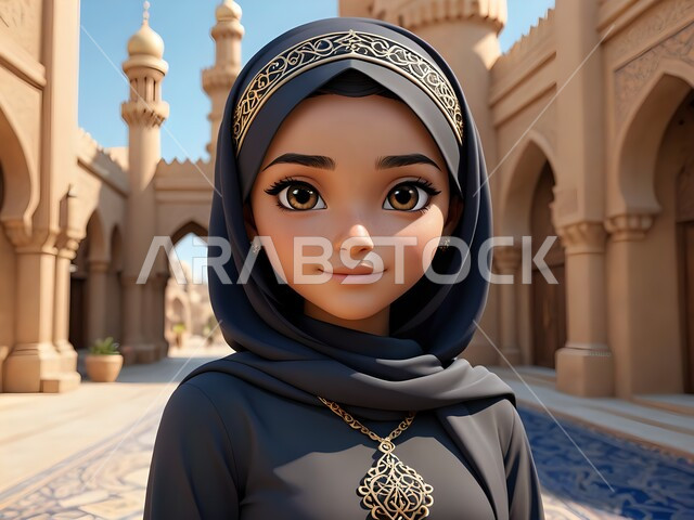 الأنوثة والنعومة والاهتمام بالمظهر الخارجي، حجابات نسائية عصريه حديثه، رسوم كرتونية ثلاثية الابعاد، فتاة عربية خليجية سعودية محجبة ترتدي العباءة السوداء