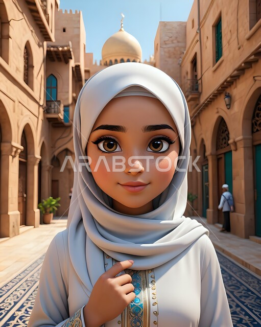 الأنوثة والنعومة والاهتمام بالمظهر الخارجي، حجابات نسائية عصريه حديثه، رسوم كرتونية ثلاثية الابعاد، فتاة عربية خليجية سعودية محجبة ترتدي العباءة البيضاء