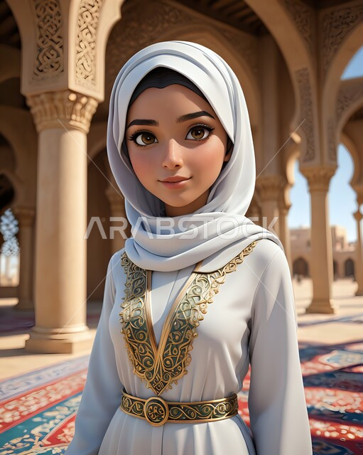 الأنوثة والنعومة والاهتمام بالمظهر الخارجي، حجابات نسائية عصريه حديثه، رسوم كرتونية ثلاثية الابعاد، فتاة عربية خليجية سعودية محجبة ترتدي العباءة البيضاء