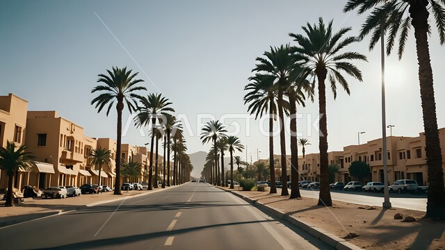The concept of agriculture and interest in local crops, trees, green plants, blue sky, palm trees in the Kingdom of Saudi Arabia, roads and streets in tourist cities