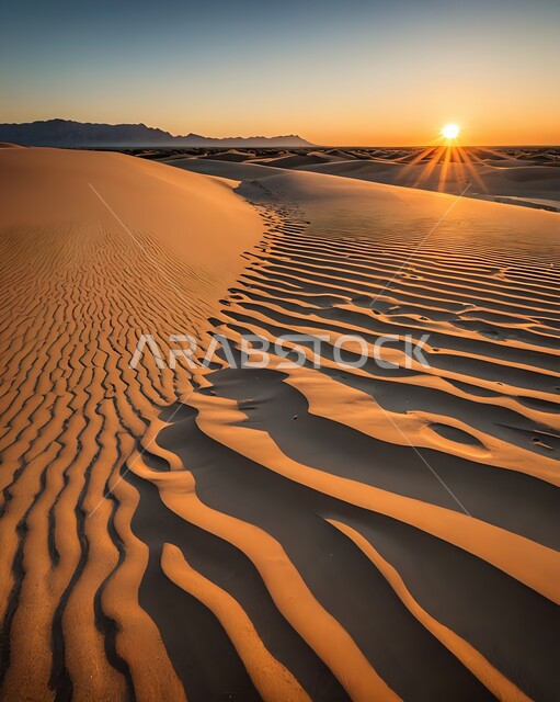 التضاريس و المرتفعات والقمم في البراري،  التكوينات والتشكلات في صحراء المملكة العربية السعودية، مناطق البادية وقت غروب الشمس، الكثبان والتلال من الرمال الناعمة الذهبية