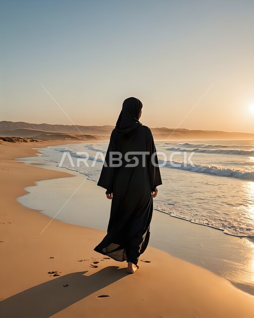 الرحلات الى المناطق الساحلية، الاستمتاع بالاجواء الصيفية، صورة من الخلف لامرأة عربية خليجية سعودية محجبة ترتدي العباءة السوداء، المناظر الطبيعية على الشواطئ