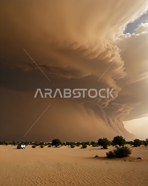 Dust winds in desert areas, natural phenomena and disasters, the view of a tornado, formations and formations in the Kingdom of Saudi Arabia, dust tornadoes and tornadoes, dunes and soft golden sand.