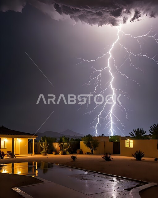 The view of thunder and lightning in the sky, condensation of black clouds, cold winter weather in the Kingdom of Saudi Arabia, disasters and natural phenomena