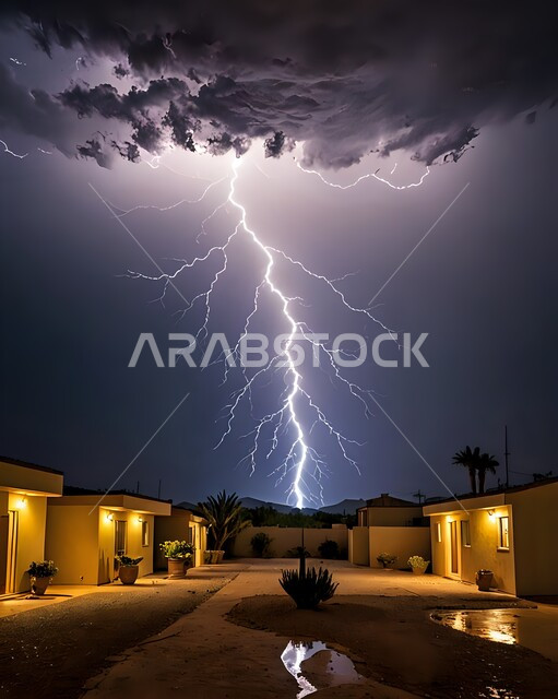 منظر الرعد والبرق في السماء، تكاثف السحب السوداء، الأجواء الشتوية الباردة في المملكة العربية السعودية، الكوارث والظواهر الطبيعية