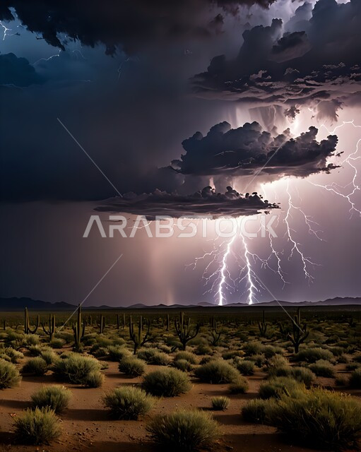 منظر الرعد والبرق في السماء، تكاثف السحب السوداء، الأجواء الشتوية الباردة في المملكة العربية السعودية، الكوارث والظواهر الطبيعية
