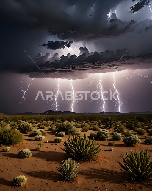 منظر الرعد والبرق في السماء، تكاثف السحب السوداء، الأجواء الشتوية الباردة في المملكة العربية السعودية، الكوارث والظواهر الطبيعية