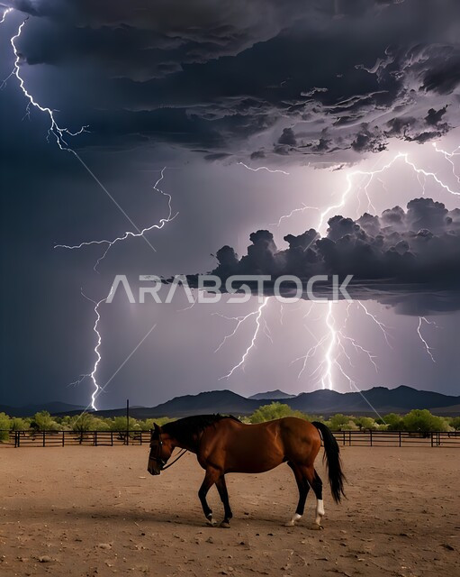 الكوارث والظواهر الطبيعية، الأجواء الشتوية الباردة في المملكة العربية السعودية، منظر الرعد والبرق في السماء، تكاثف السحب السوداء، صورة مقربة لخيل في الصحراء