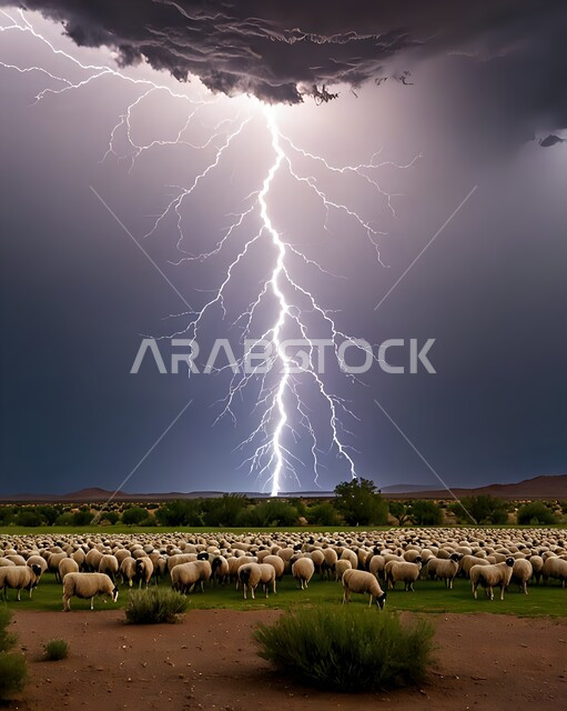 الكوارث والظواهر الطبيعية، الأجواء الشتوية الباردة في المملكة العربية السعودية، منظر الرعد والبرق في السماء، تكاثف السحب السوداء، مجموعة من المواشي في الصحراء