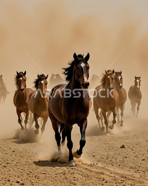 مجموعة من الخيول العربية وسط الزوابع الغبارية، رياح ترابية في المناطق الصحراوية، الظواهر والكوارث الطبيعية، منظر الإعصار الهوائي