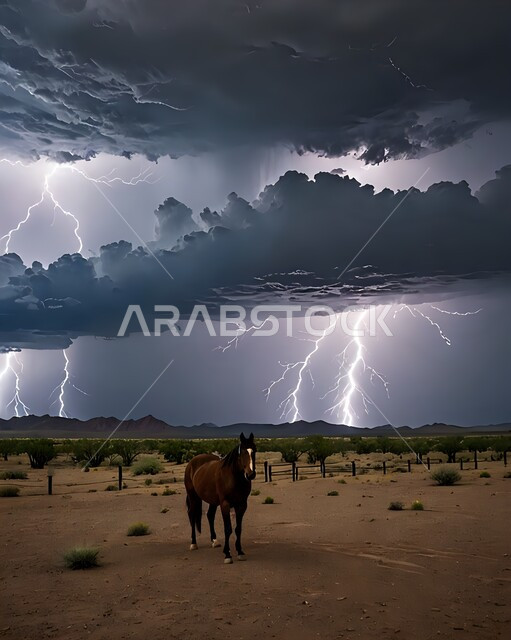 الكوارث والظواهر الطبيعية، الأجواء الشتوية الباردة في المملكة العربية السعودية، منظر الرعد والبرق في السماء، تكاثف السحب السوداء، صورة مقربة لخيل في الصحراء