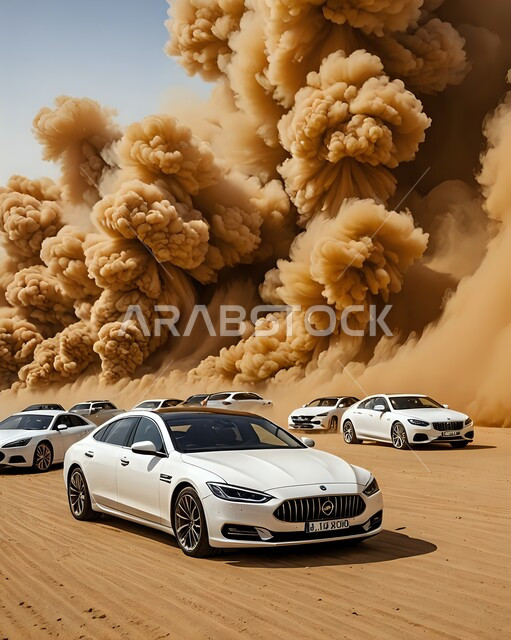 مجموعة من سيارات تسلا وسط الزوابع الغبارية، رياح ترابية في المناطق الصحراوية، الظواهر والكوارث الطبيعية، منظر الإعصار الهوائي، التشكيلات والتكوينات في المملكة العربية السعودية