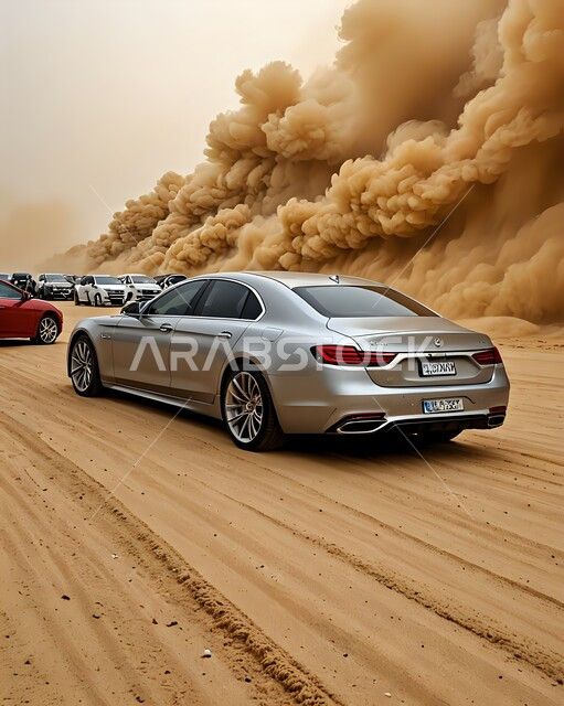 رياح ترابية في المناطق الصحراوية, الظواهر والكوارث الطبيعية، منظر الإعصار الهوائي، التشكيلات والتكوينات في المملكة العربية السعودية، مجموعة من سيارات مارسيدس وسط الزوابع الغبارية