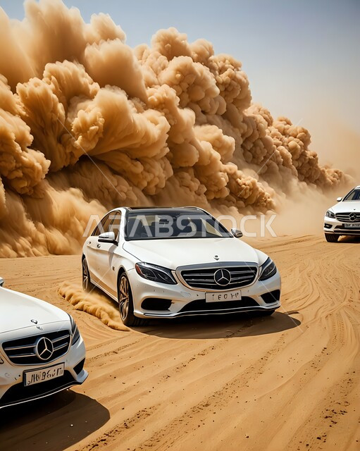رياح ترابية في المناطق الصحراوية, الظواهر والكوارث الطبيعية، منظر الإعصار الهوائي، التشكيلات والتكوينات في المملكة العربية السعودية، مجموعة من سيارات مارسيدس وسط الزوابع الغبارية