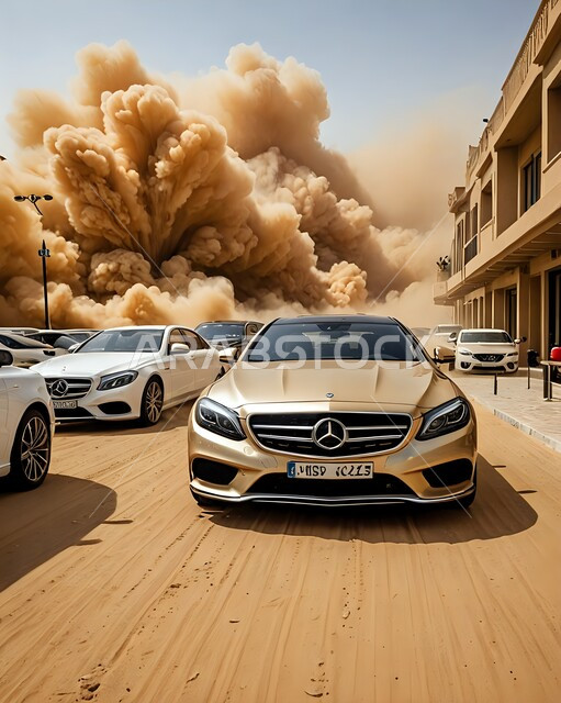 رياح ترابية في المناطق الصحراوية, الظواهر والكوارث الطبيعية، منظر الإعصار الهوائي، التشكيلات والتكوينات في المملكة العربية السعودية، مجموعة من سيارات مارسيدس وسط الزوابع الغبارية