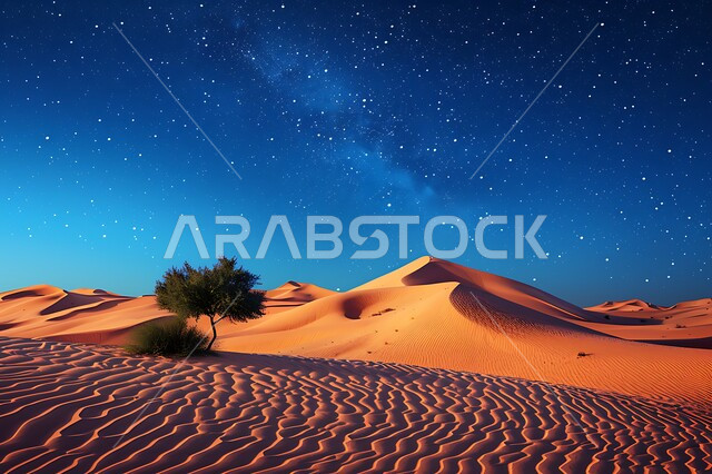 منظر لمجرة درب التبانة والنجوم اللامعة في سماء السعوديه, التضاريس والكثبان الرملية في المملكة وقت الليل، الرمال الذهبية الناعمة، البيئة الصحراوية في الصحراء العربية، خلفية الطبيعة