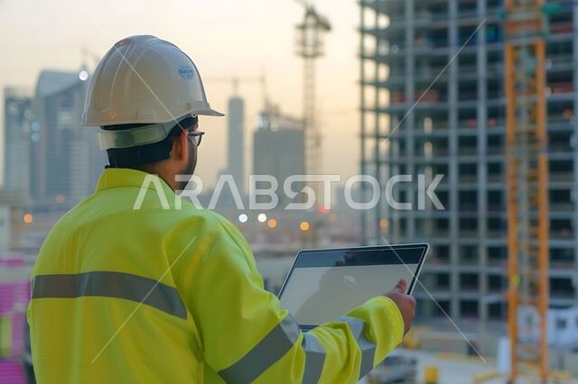 Follow up on the implementation of architectural projects, supervising the progress of construction work, working in the field of structural engineering, close-up photo from the back of a Saudi Arabian Gulf engineer wearing a protective coat and helmet holding a tablet in his hand following up on plans at the work site, engineering professions and jobs