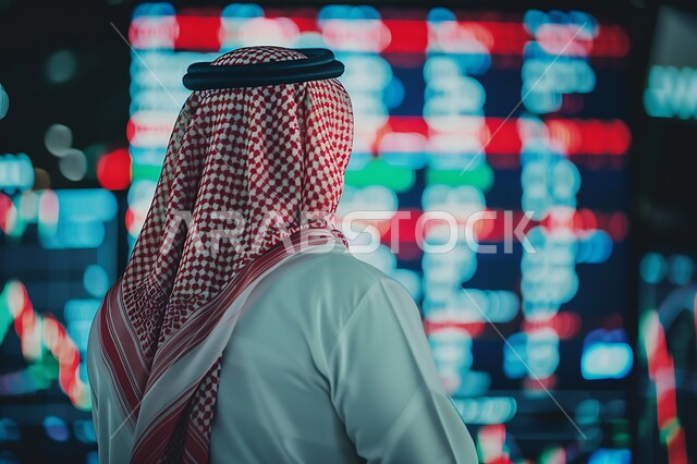 خلفية هولوجرامية ثلاثية الأبعاد، متابعة الرسوم البيانيه على الشاشات الالكترونيه المضيئه، رجل أعمال عربي خليجي سعودي يقوم بمراقبة ارتفاع وانخفاض الأسهم في سوق البورصه، دمج التكنولوجيا المتطورة مع العمل, تداول العملة الرقمية، رؤية مستقبليه 2030