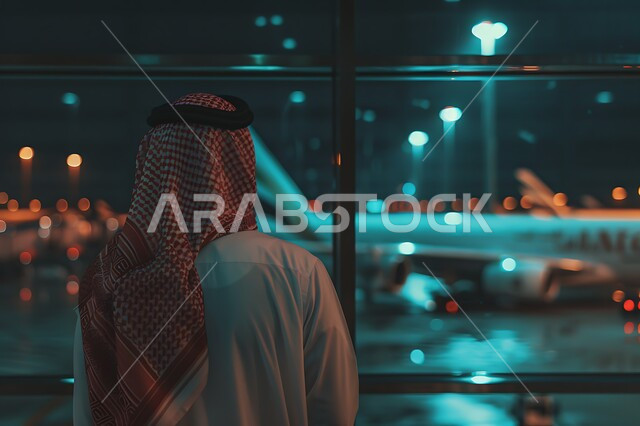 شركات و خطوط الطيران السعودي، الاستعداد للذهاب في رحلة عمل، صورة من الخلف لرجل عربي خليجي سعودي يرتدي الشماغ والثوب التقليدي يقف في المطار ينظر إلى الطائرات، 