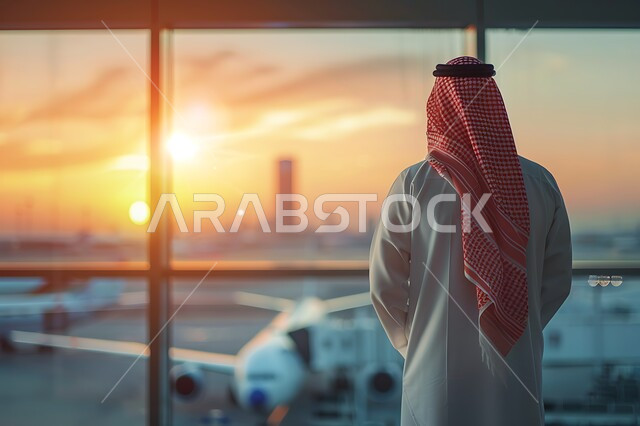 شركات و خطوط الطيران السعودي، الاستعداد للذهاب في رحلة عمل، صورة من الخلف لرجل عربي خليجي سعودي يرتدي الشماغ والثوب التقليدي يقف في المطار ينظر إلى الطائرات، 
