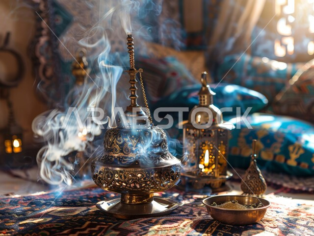 خشب العود الفاخر والفحم، صورة مقربة لمبخرة فضية تقليدية، التعطر والتطيب باطيب الروائح والعطور، أصالة العادات والتقاليد في المملكة العربية السعودية، منظر الدخان المنتشر من البخور، منتج وطني محلي سعودي