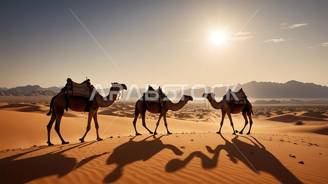 Soft sand dunes, desert nature background, group of camels walking in desert areas, concept of raising and caring for camels and livestock herds within nature reserves in the Kingdom of Saudi Arabia