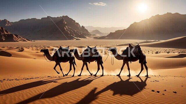 الكثبان الرملية الناعمة، خلفية الطبيعة الصحراوية, مجموعة من الجمال تسير في المناطق الصحراوية، مفهوم تربية ورعاية الابل والقطعان المواشي ضمن المحميات الطبيعية في المملكة العربية السعودية