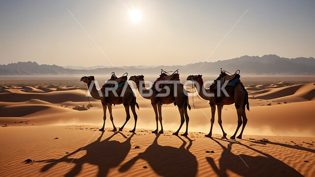 مجموعة من الجمال تسير في المناطق الصحراوية، الكثبان الرملية الناعمة، خلفية الطبيعة الصحراوية, مفهوم تربية ورعاية الابل والقطعان المواشي ضمن المحميات الطبيعية في المملكة العربية السعودية