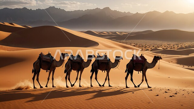 مجموعة من الجمال تسير في المناطق الصحراوية، الكثبان الرملية الناعمة، خلفية الطبيعة الصحراوية, مفهوم تربية ورعاية الابل والقطعان المواشي ضمن المحميات الطبيعية في المملكة العربية السعودية