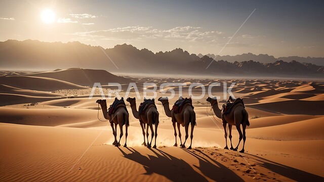 مجموعة من الجمال تسير في المناطق الصحراوية، الكثبان الرملية الناعمة، خلفية الطبيعة الصحراوية, مفهوم تربية ورعاية الابل والقطعان المواشي ضمن المحميات الطبيعية في المملكة العربية السعودية