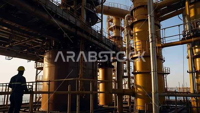 العمل في مجال هندسة البترول, الإشراف على معامل ومصانع النفط في المملكة العربية السعودية، عامل عربي خليجي سعودي يرتديي البدلة الواقية وخوذة الحماية، خطوط الأنابيب الممتدة من أعماق البحر للمصافي، مصفاة تكرير النفط والغاز