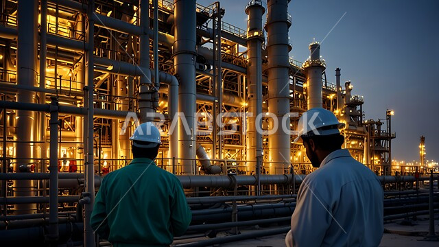 الإشراف على معامل ومصانع النفط في المملكة العربية السعودية، صورة من الخلف لعامليين عربيين خليجيين سعوديين يرتديان البدلة الواقية وخوذة الحماية، خطوط الأنابيب الممتدة من أعماق البحر للمصافي، العمل في مجال هندسة البترول, مصفاة تكرير النفط والغاز