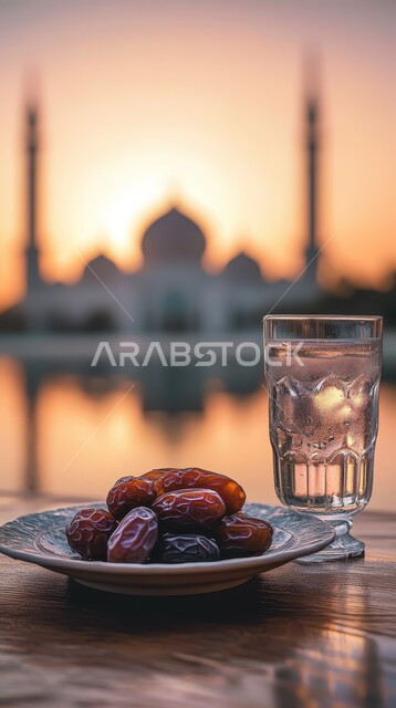 الاستعداد لقدوم شهر الخير والبركة، فانوس معدني تقليدي مضيء مع طبق من حبات التمر الطازجة وكأس من المشروبات ،أجواء رمضانية روحانية، أعياد ومناسبات دينية ،خلفية المساجد الاسلامية وقت غروب الشمس