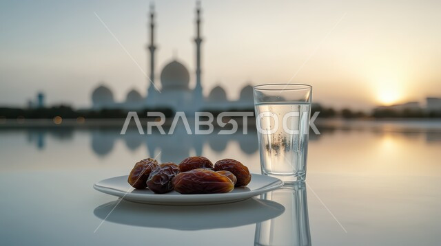 الاستعداد لقدوم شهر الخير والبركة، فانوس معدني تقليدي مضيء مع طبق من حبات التمر الطازجة وكأس من المشروبات ،أجواء رمضانية روحانية، أعياد ومناسبات دينية ،خلفية المساجد الاسلامية وقت غروب الشمس