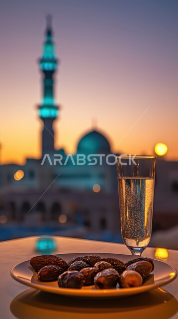 الاستعداد لقدوم شهر الخير والبركة، فانوس معدني تقليدي مضيء مع طبق من حبات التمر الطازجة وكأس من المشروبات ،أجواء رمضانية روحانية، أعياد ومناسبات دينية ،خلفية المساجد الاسلامية وقت غروب الشمس
