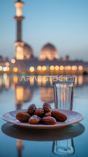 الاستعداد لقدوم شهر الخير والبركة، فانوس معدني تقليدي مضيء مع طبق من حبات التمر الطازجة وكأس من المشروبات ،أجواء رمضانية روحانية، أعياد ومناسبات دينية ،خلفية المساجد الاسلامية وقت غروب الشمس
