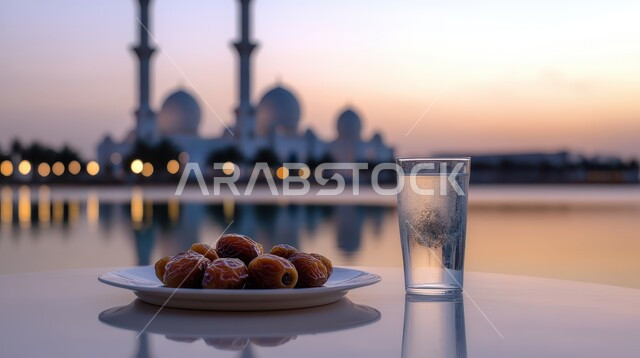 الاستعداد لقدوم شهر الخير والبركة، فانوس معدني تقليدي مضيء مع طبق من حبات التمر الطازجة وكأس من المشروبات ،أجواء رمضانية روحانية، أعياد ومناسبات دينية ،خلفية المساجد الاسلامية وقت غروب الشمس
