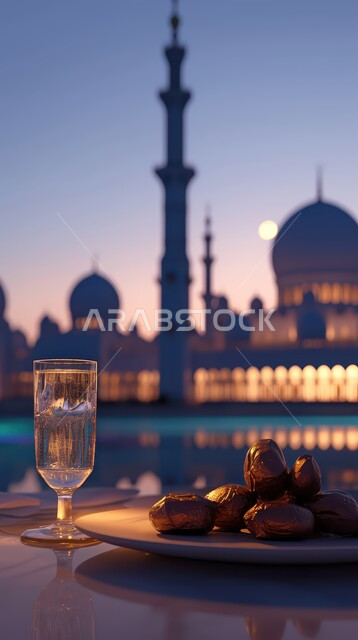 الاستعداد لقدوم شهر الخير والبركة، فانوس معدني تقليدي مضيء مع طبق من حبات التمر الطازجة وكأس من المشروبات ،أجواء رمضانية روحانية، أعياد ومناسبات دينية ،خلفية المساجد الاسلامية وقت غروب الشمس