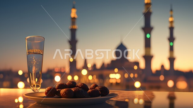الاستعداد لقدوم شهر الخير والبركة، فانوس معدني تقليدي مضيء مع طبق من حبات التمر الطازجة وكأس من المشروبات ،أجواء رمضانية روحانية، أعياد ومناسبات دينية ،خلفية المساجد الاسلامية وقت غروب الشمس