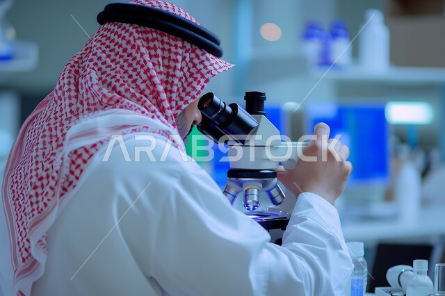 تطور التكنولوجيا الحيوية في المختبرات العلمية في المملكة العربية السعودية، أجهزة الفحص الدقيقة للمواد الكيمائية, مفهوم البحث والتطوير العلمي, صورة مقربة لرجل عربي خليجي سعودي يرتدي الزي التقليدي يقوم بفحص العينات عبر جهاز المجهر الضوئي في مخبر الأبحاث الطبية المتطور