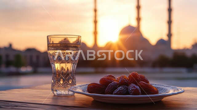 طبق من حبات التمر الطازجة وكأس من المشروبات، الاستعداد لقدوم شهر الخير والبركة، أجواء رمضانية روحانية، أعياد ومناسبات دينية ،خلفية المساجد الاسلامية وقت غروب الشمس